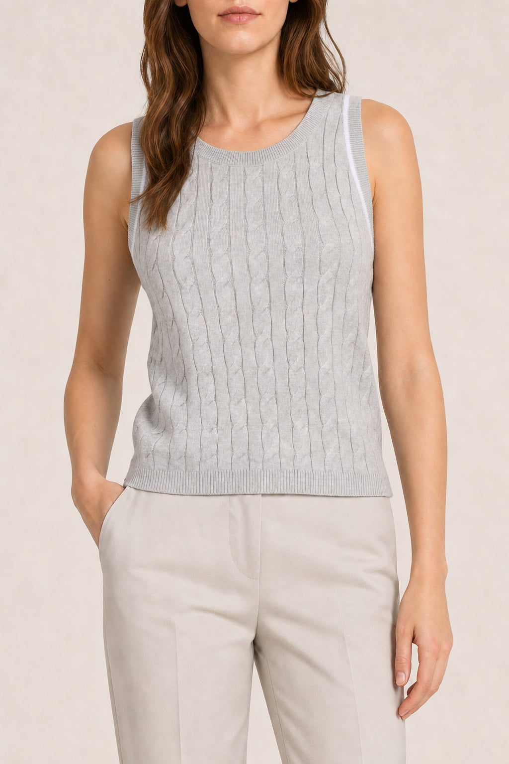 BRUNELLO CUCINELLI WOMEN'S LIGHT GREY CABLE KNIT SWEATER