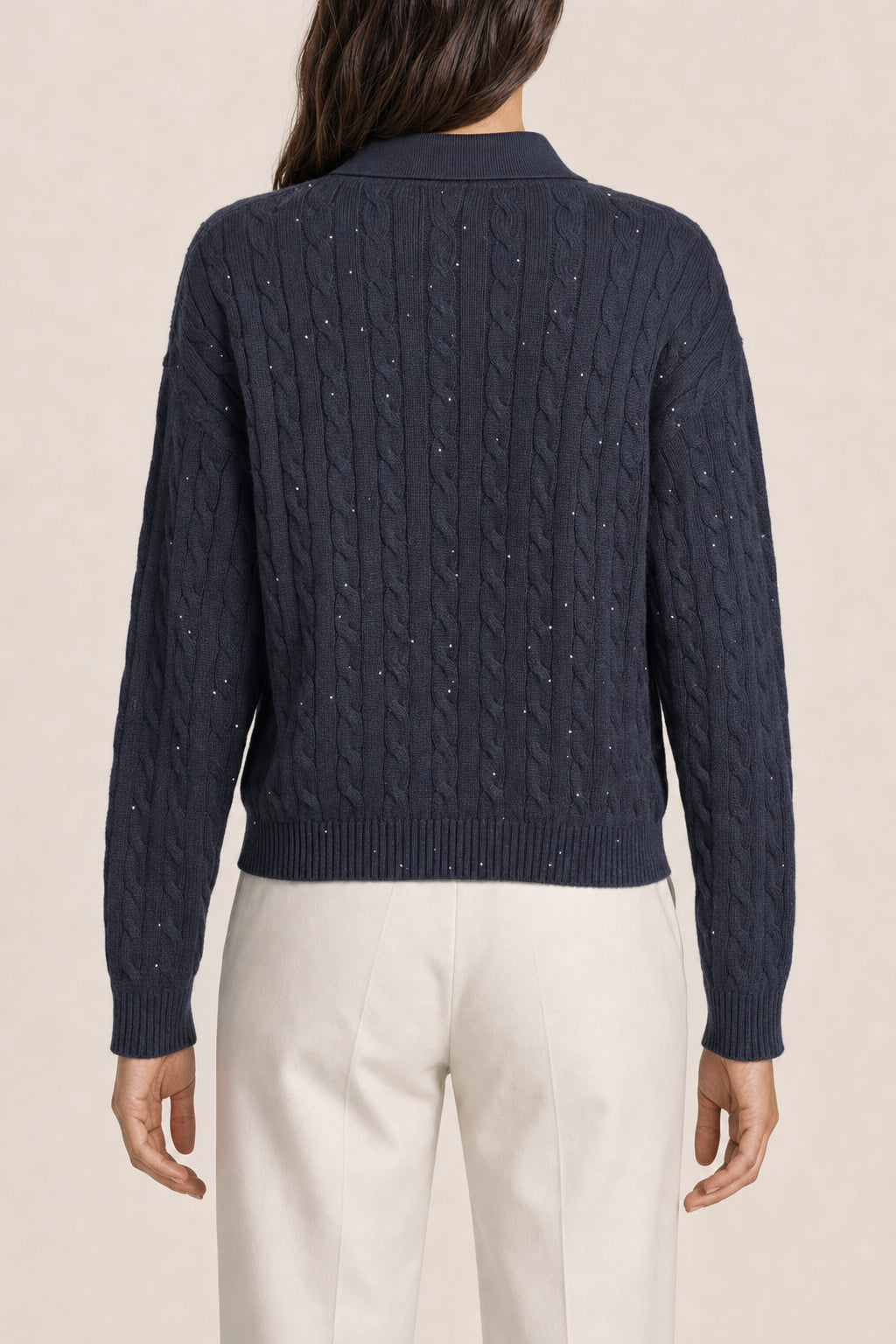 BRUNELLO CUCINELLI WOMEN'S DARK BLUE CABLE KNIT SWEATER