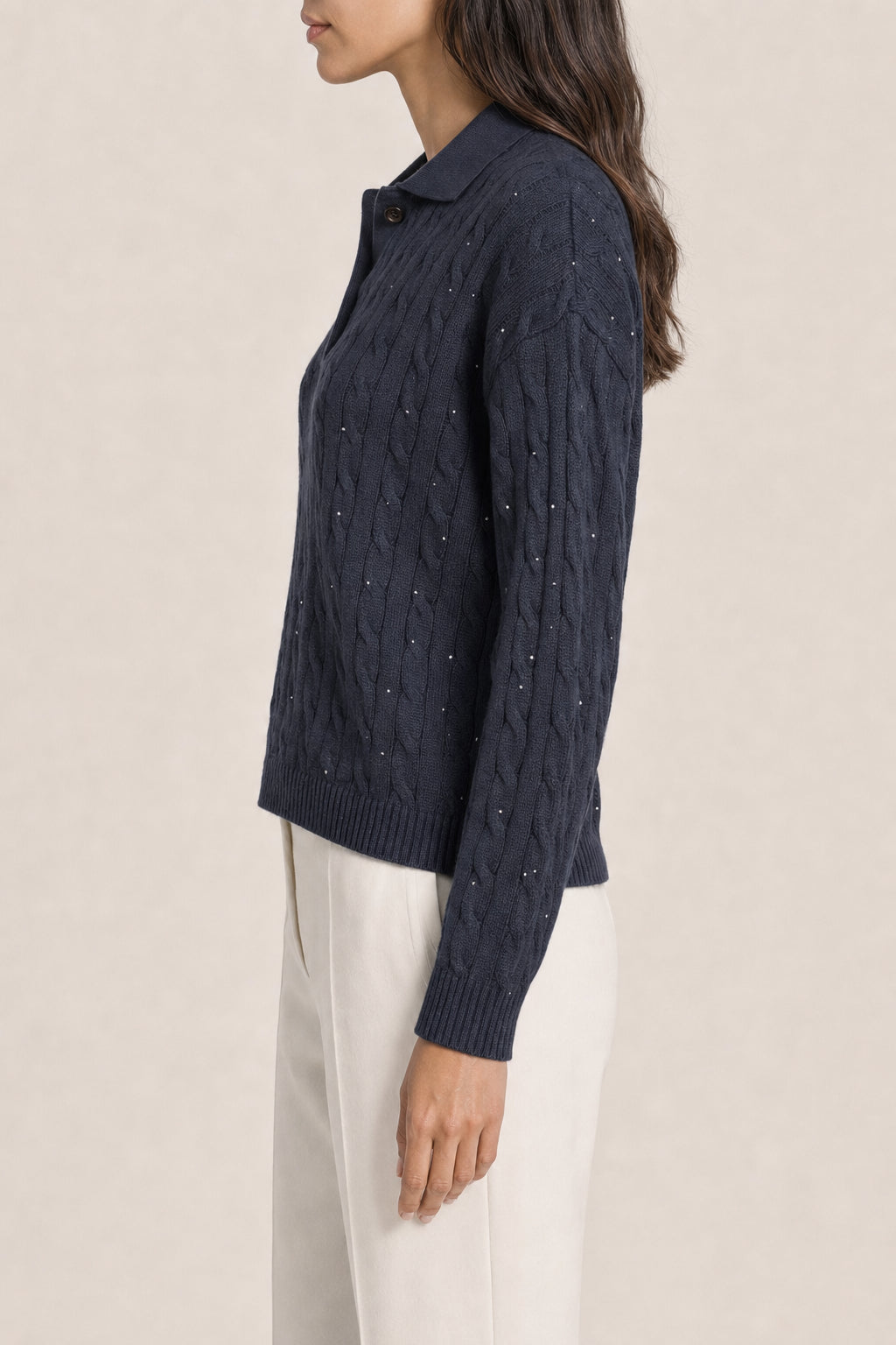 BRUNELLO CUCINELLI WOMEN'S DARK BLUE CABLE KNIT SWEATER