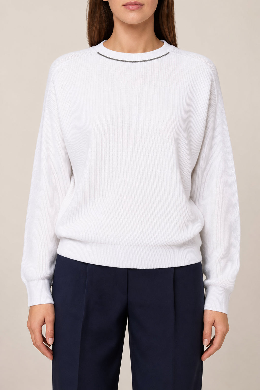 BRUNELLO CUCINELLI WOMEN'S WHITE COTTON CREW NECK SWEATER