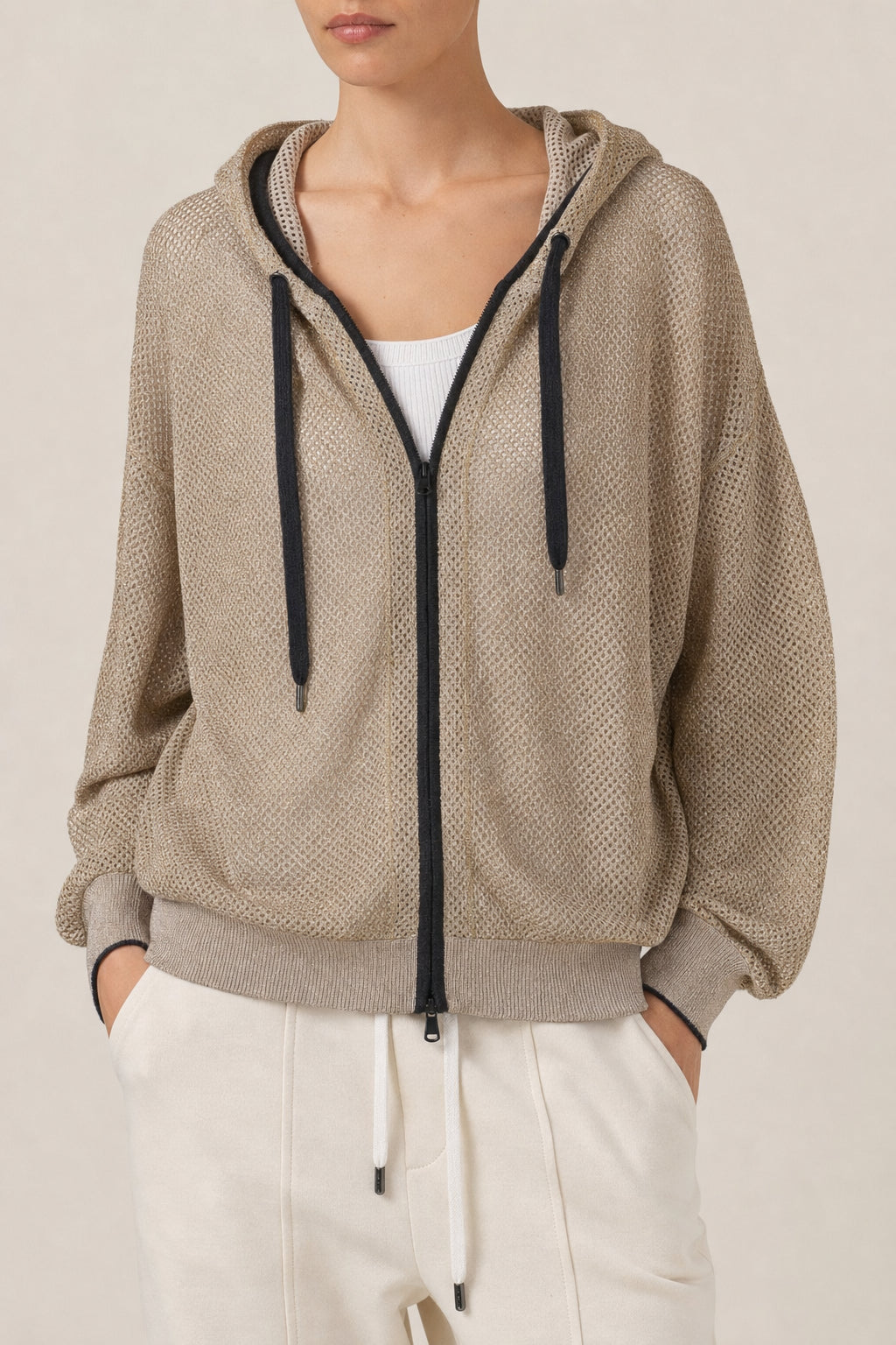 BRUNELLO CUCINELLI WOMEN'S BEIGE MESH ZIP HOODIE