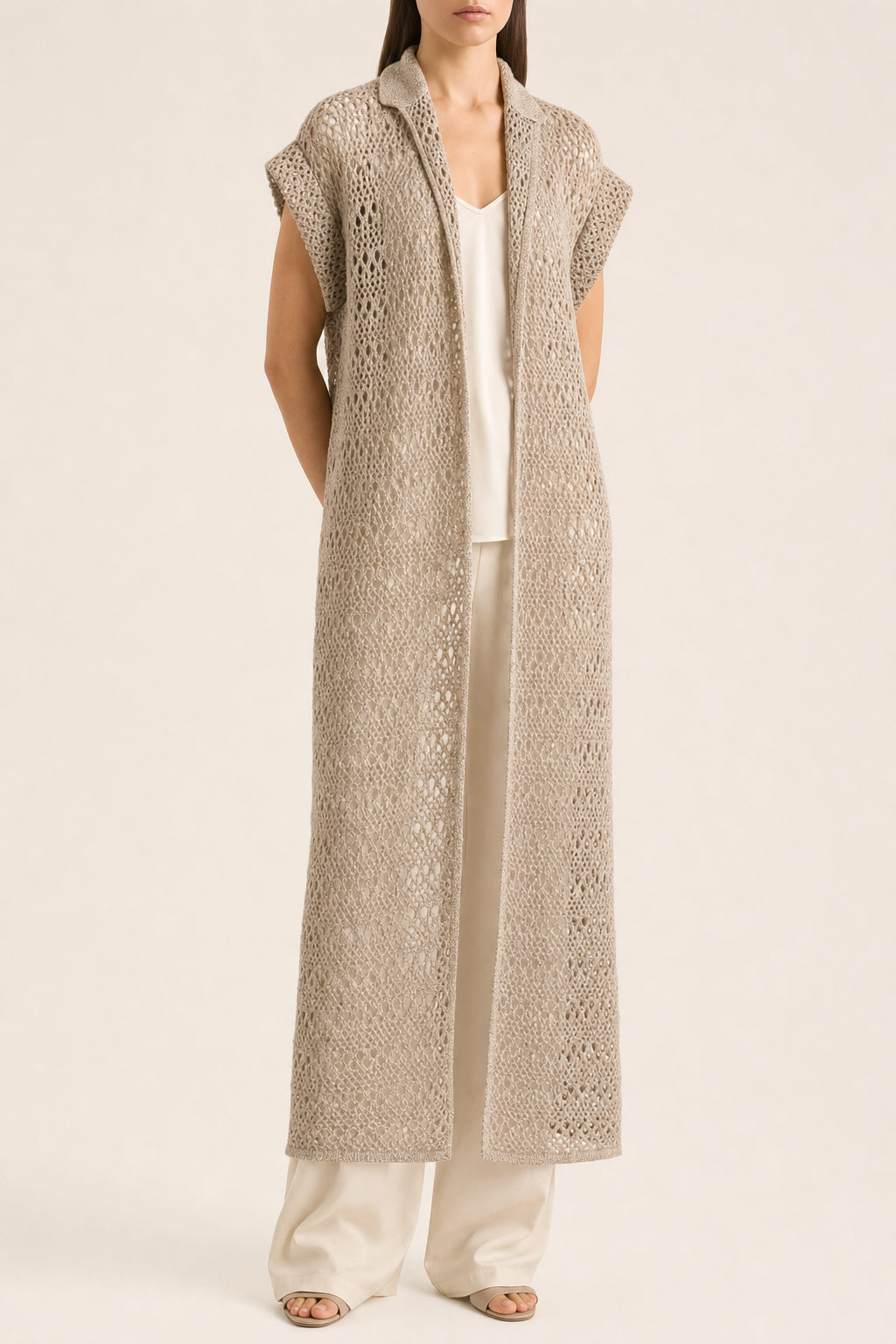 BRUNELLO CUCINELLI WOMEN'S BEIGE LINEN SILK OPENWORK SWEATER