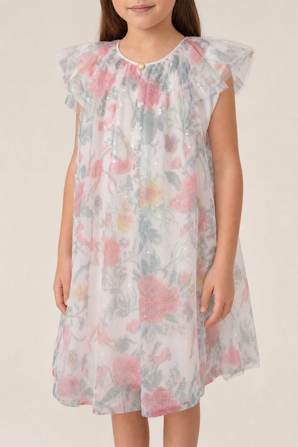 DIOR KIDS'S IVORY FLORAL SEQUIN DRESS