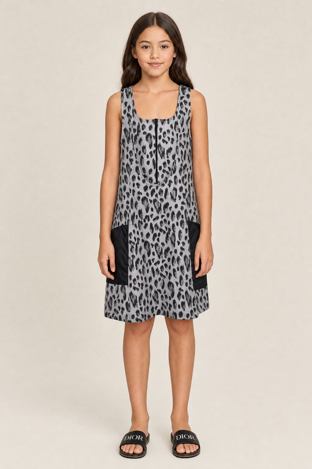 DIOR KIDS GREY LEOPARD PRINT DRESS