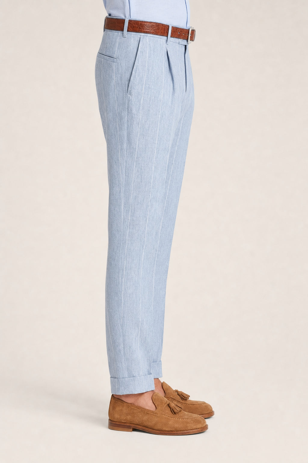 BRUNELLO CUCINELLI MEN'S LIGHT BLUE LINEN TROUSERS