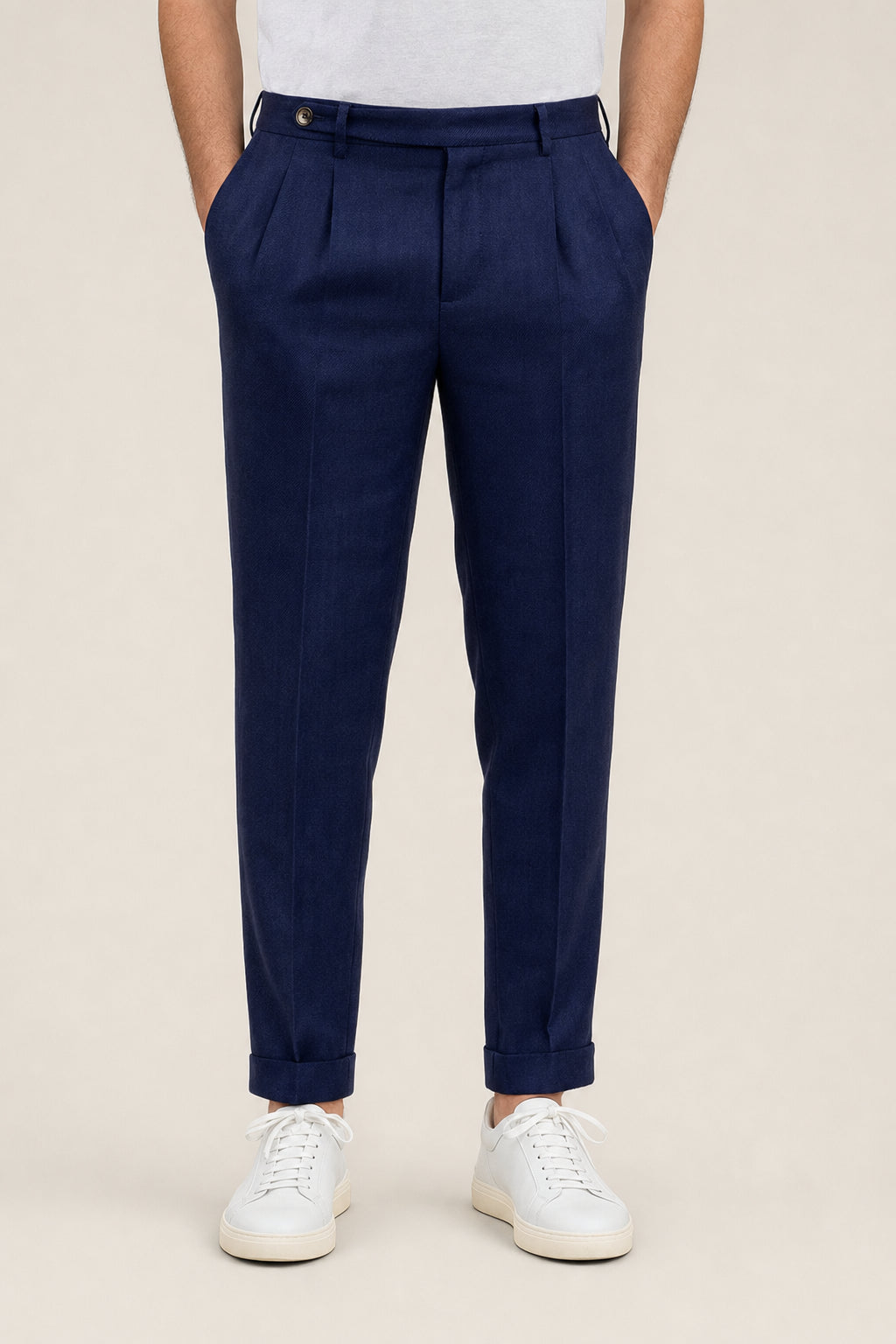 BRUNELLO CUCINELLI MEN'S DARK BLUE LINEN WOOL TROUSERS