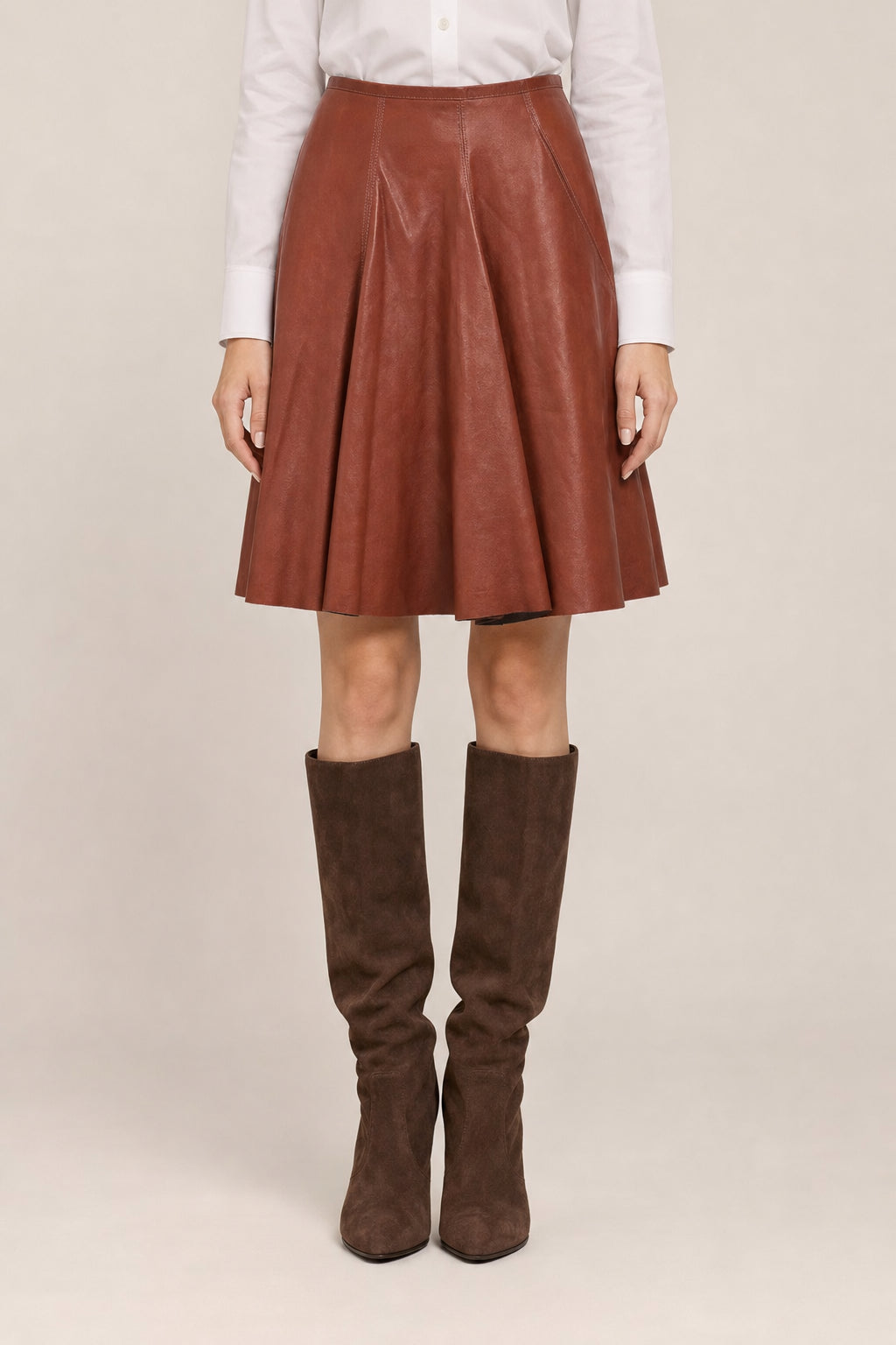 BRUNELLO CUCINELLI WOMEN'S BROWN LEATHER FLARED SKIRT