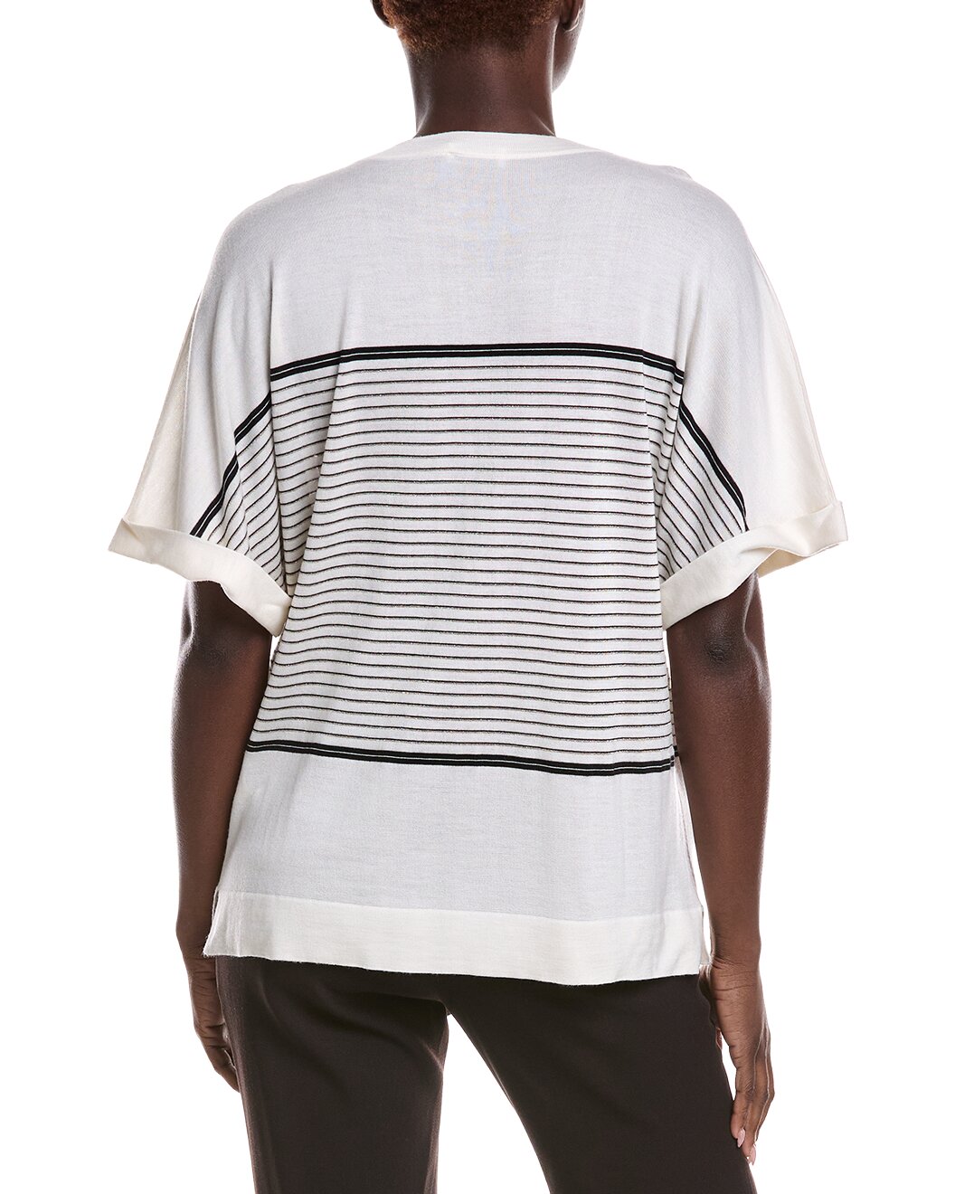 BRUNELLO CUCINELLI WOMEN'S WHITE BLACK STRIPED WOOL SILK SHORT SLEEVE SHIRT