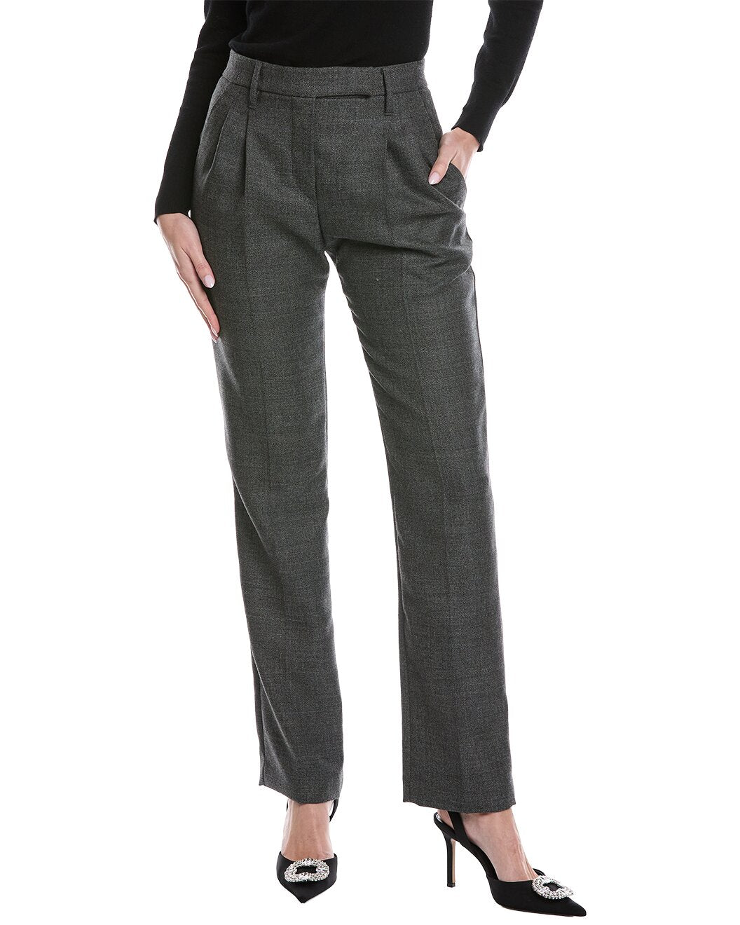 BRUNELLO CUCINELLI WOMEN'S DARK GREY WOOL STRAIGHT LEG TROUSERS