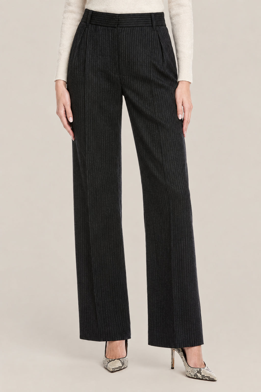 BRUNELLO CUCINELLI WOMEN'S BLUE WOOL PINSTRIPE TROUSERS
