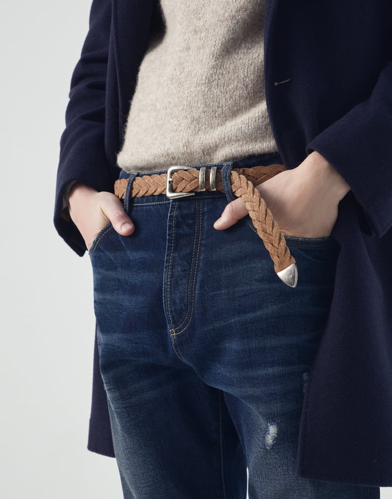 BRUNELLO CUCINELLI MEN'S CHESTNUT BRAIDED LEATHER BELT