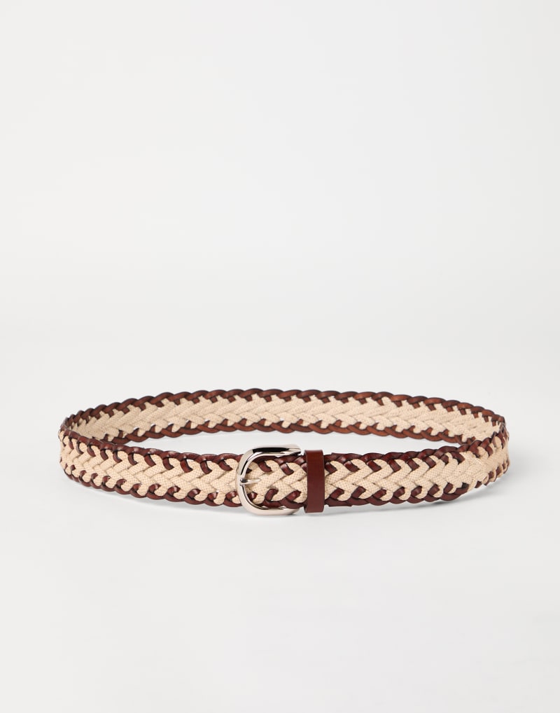 BRUNELLO CUCINELLI MEN'S BROWN AND BEIGE BRAIDED COTTON LINEN BELT