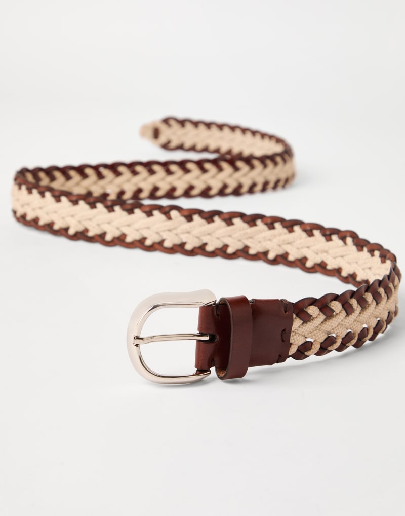 BRUNELLO CUCINELLI MEN'S BROWN AND BEIGE BRAIDED COTTON LINEN BELT