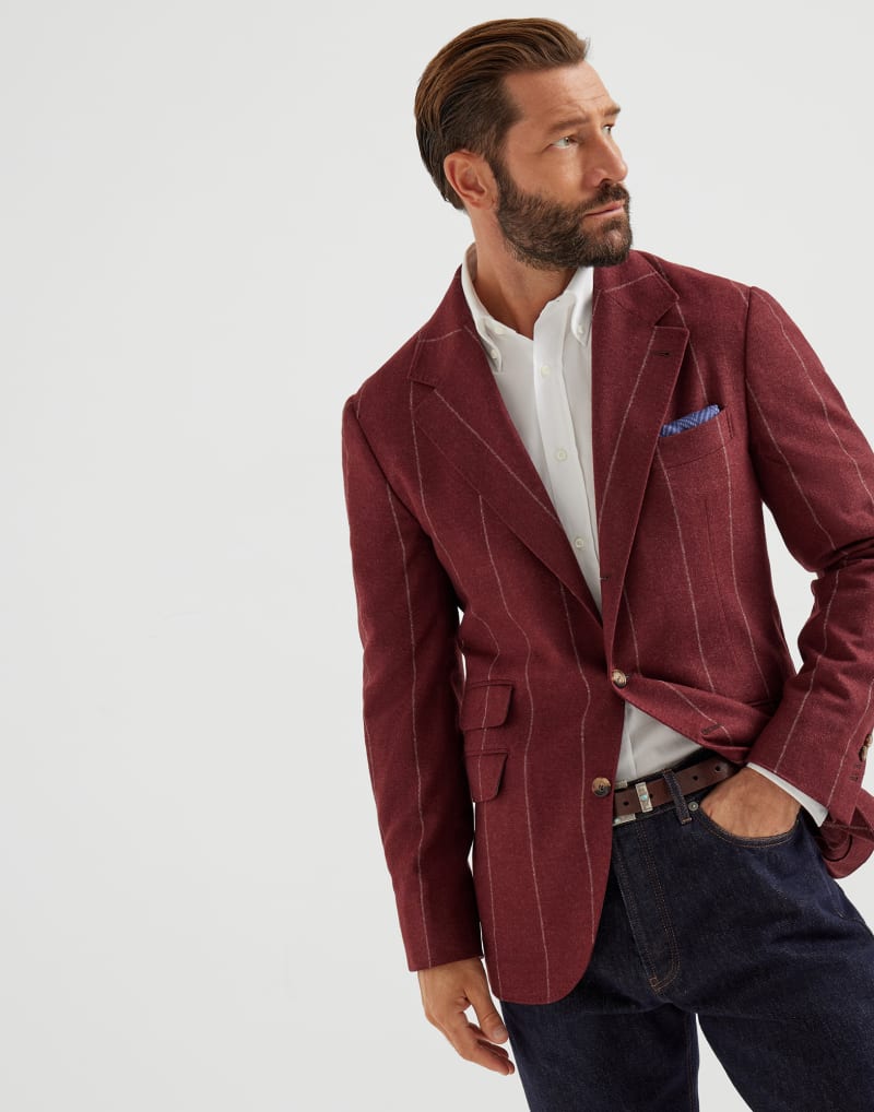 BRUNELLO CUCINELLI MEN'S PURPLE SILK WOOL STRIPED BLAZER