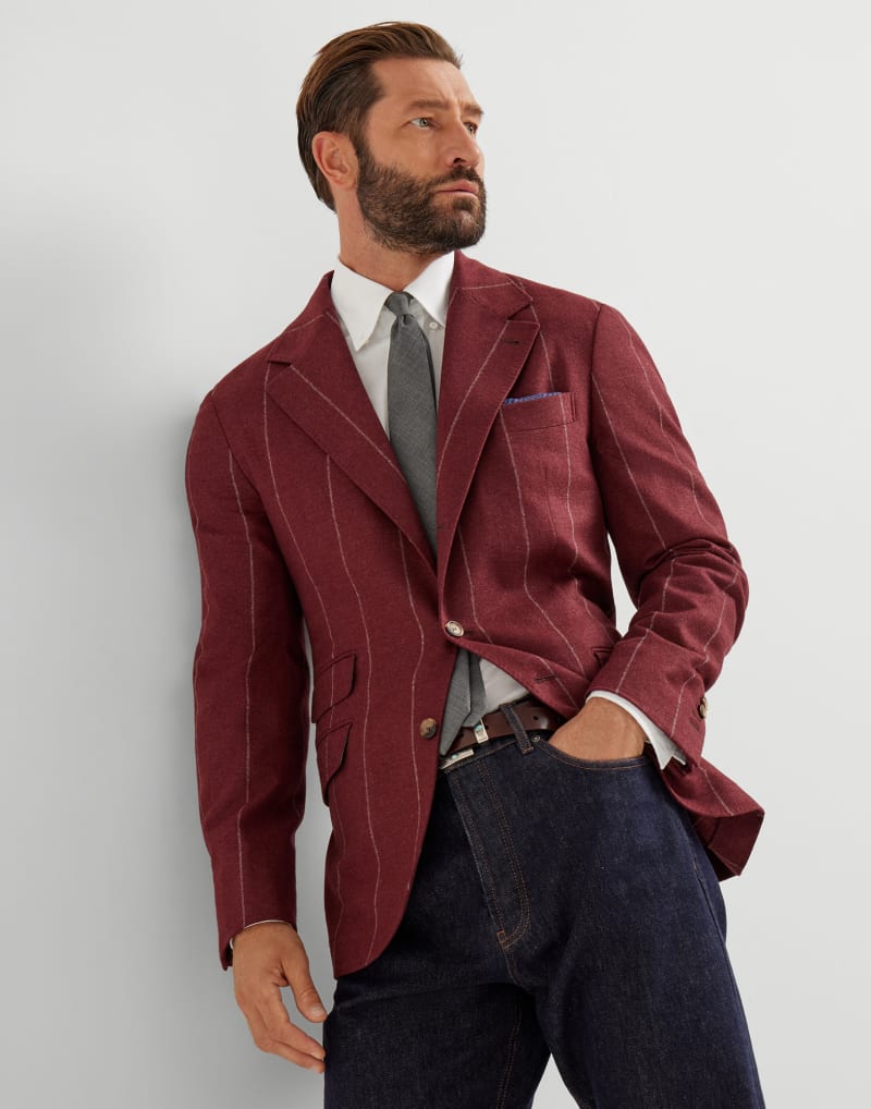 BRUNELLO CUCINELLI MEN'S PURPLE SILK WOOL STRIPED BLAZER