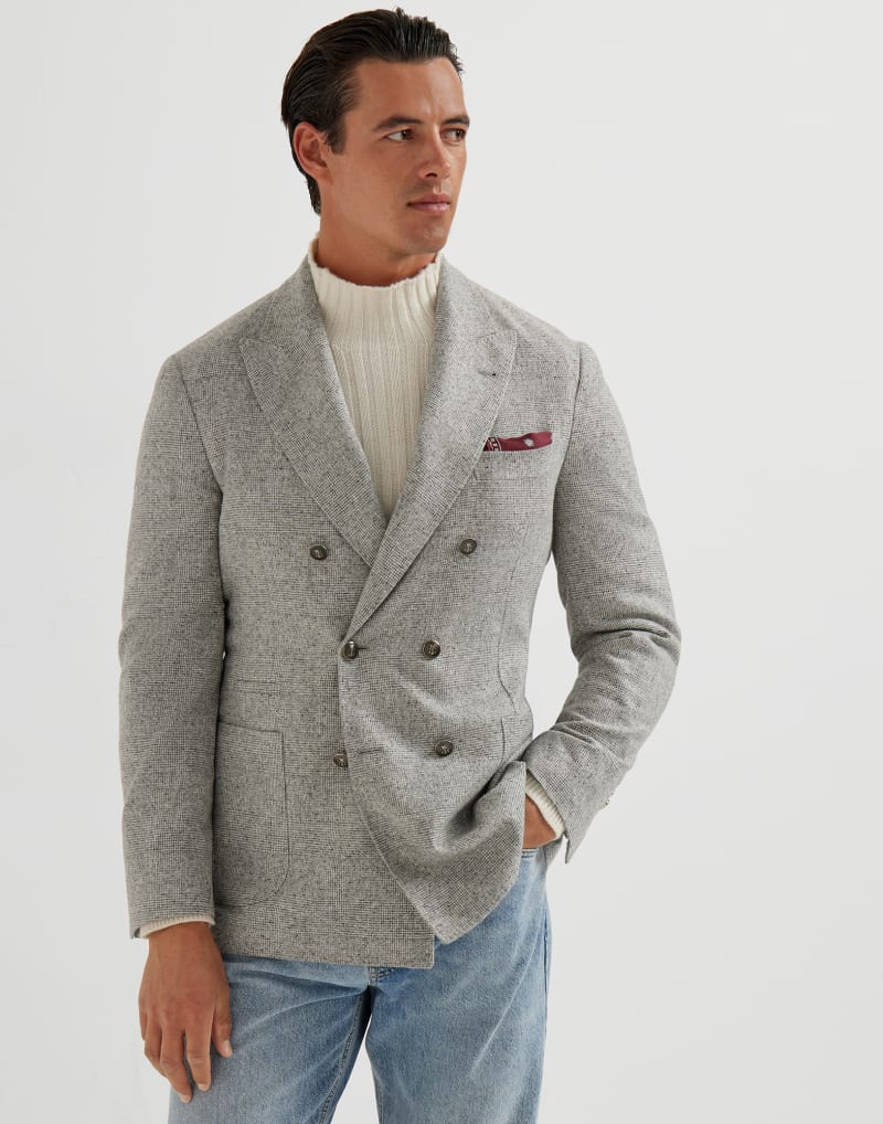 BRUNELLO CUCINELLI MEN'S LIGHT GREY SILK WOOL DOUBLE BREASTED BLAZER