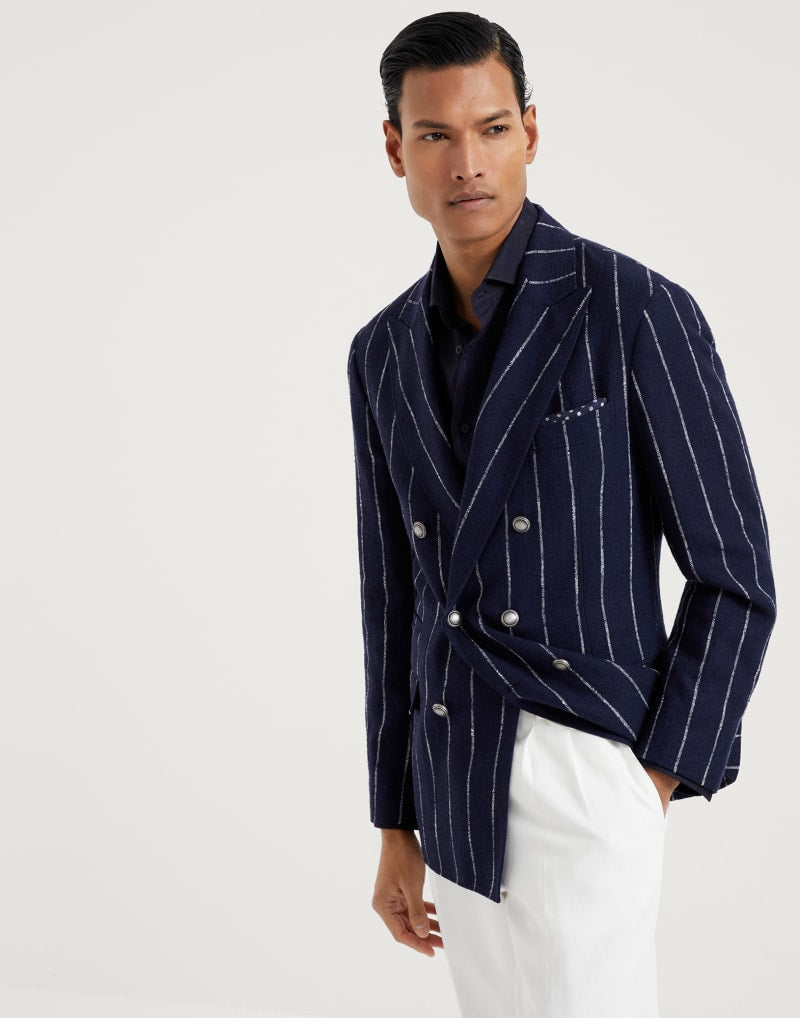 BRUNELLO CUCINELLI MEN'S NAVY WOOL LINEN SILK DOUBLE BREASTED BLAZER