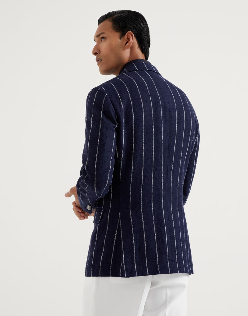 BRUNELLO CUCINELLI MEN'S NAVY WOOL LINEN SILK DOUBLE BREASTED BLAZER