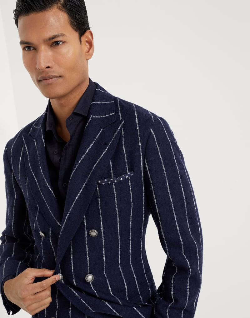 BRUNELLO CUCINELLI MEN'S NAVY WOOL LINEN SILK DOUBLE BREASTED BLAZER