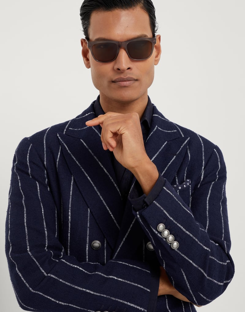 BRUNELLO CUCINELLI MEN'S NAVY WOOL LINEN SILK DOUBLE BREASTED BLAZER
