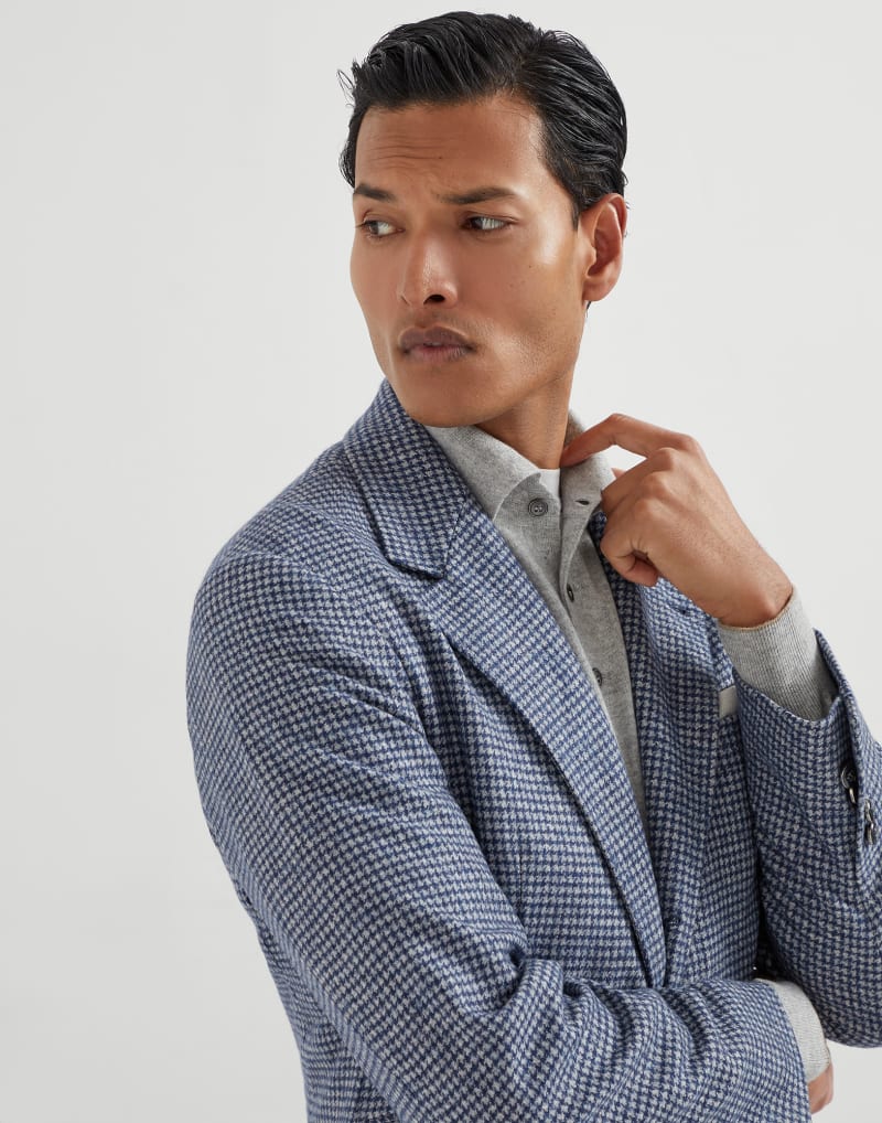 BRUNELLO CUCINELLI MEN'S DENIM WOOL BLEND PATTERNED BLAZER