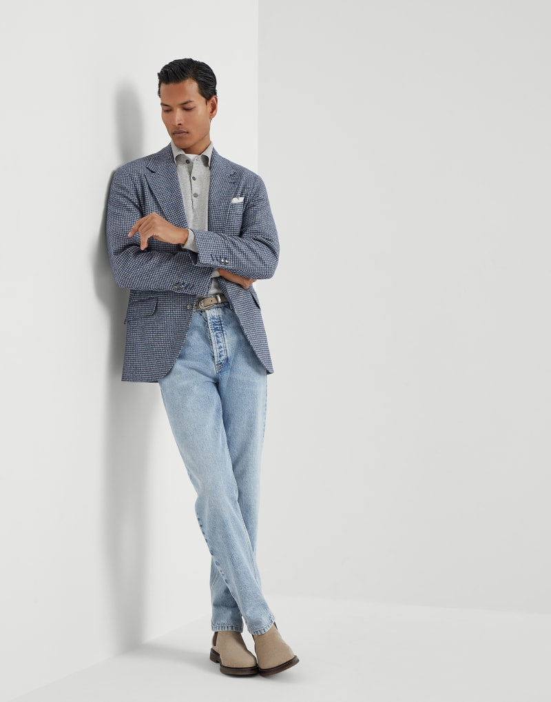 BRUNELLO CUCINELLI MEN'S DENIM WOOL BLEND PATTERNED BLAZER