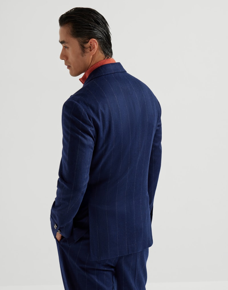 BRUNELLO CUCINELLI MEN'S COLORFUL BLUE WOOL PINSTRIPE BLAZER