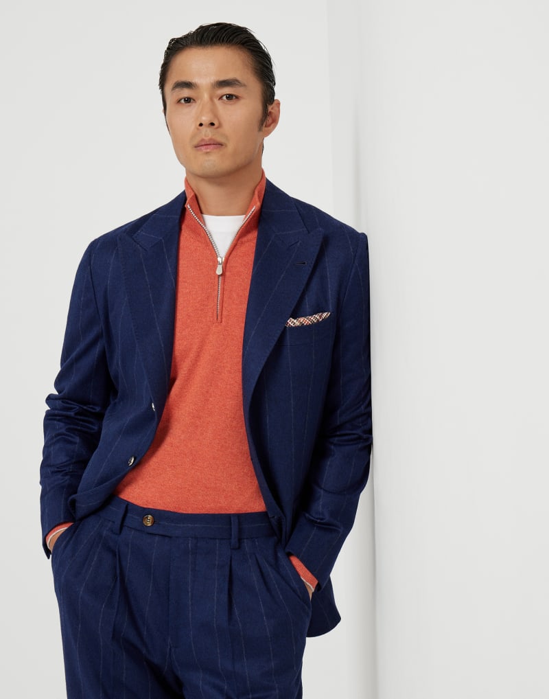 BRUNELLO CUCINELLI MEN'S COLORFUL BLUE WOOL PINSTRIPE BLAZER