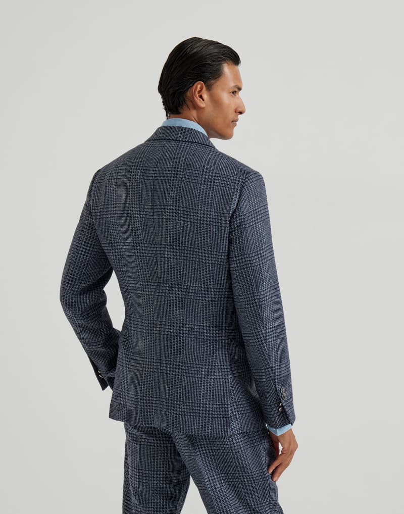 BRUNELLO CUCINELLI MEN'S DENIM WOOL SILK CHECKED BLAZER