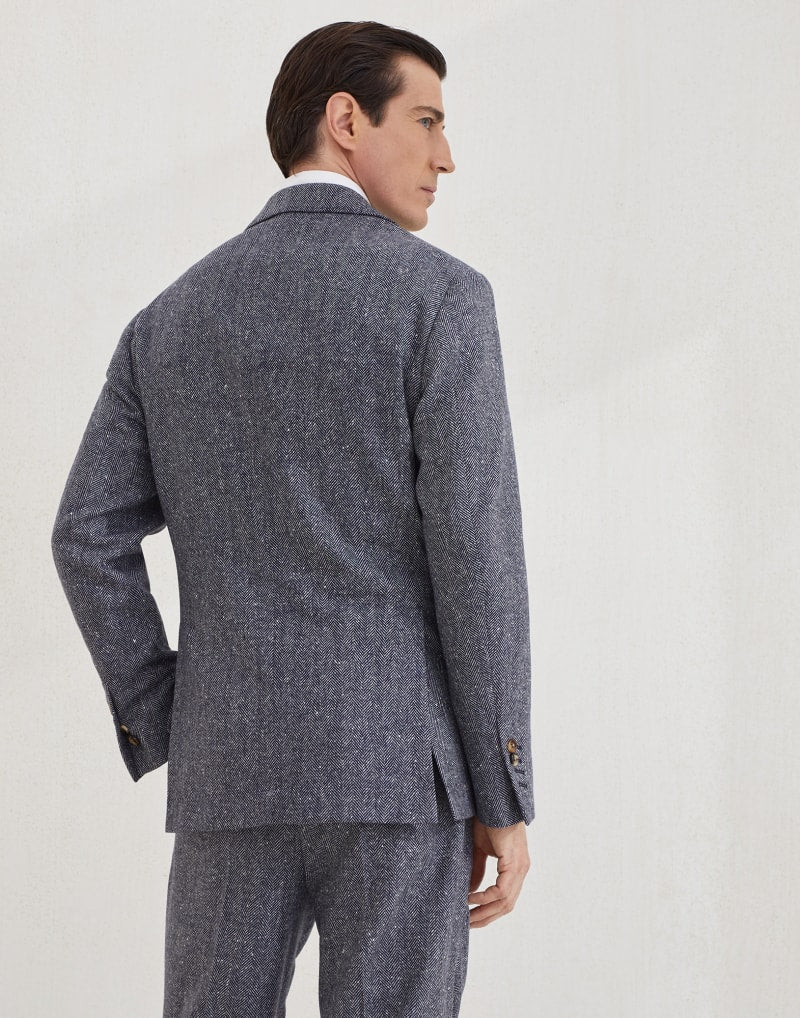 BRUNELLO CUCINELLI MEN'S NAVY WOOL HERRINGBONE BLAZER