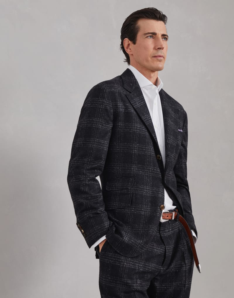 BRUNELLO CUCINELLI MEN'S ANTHRACITE CHECKED SILK WOOL BLAZER