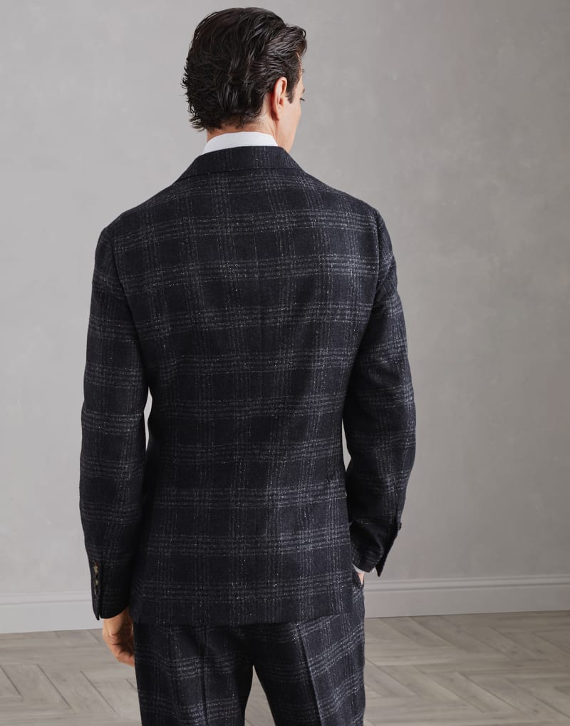 BRUNELLO CUCINELLI MEN'S ANTHRACITE CHECKED SILK WOOL BLAZER