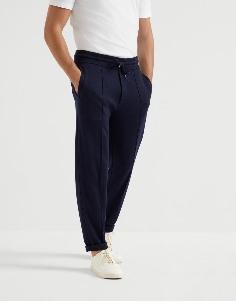 BRUNELLO CUCINELLI MEN'S NAVY WOOL SILK BLEND GYM TROUSERS