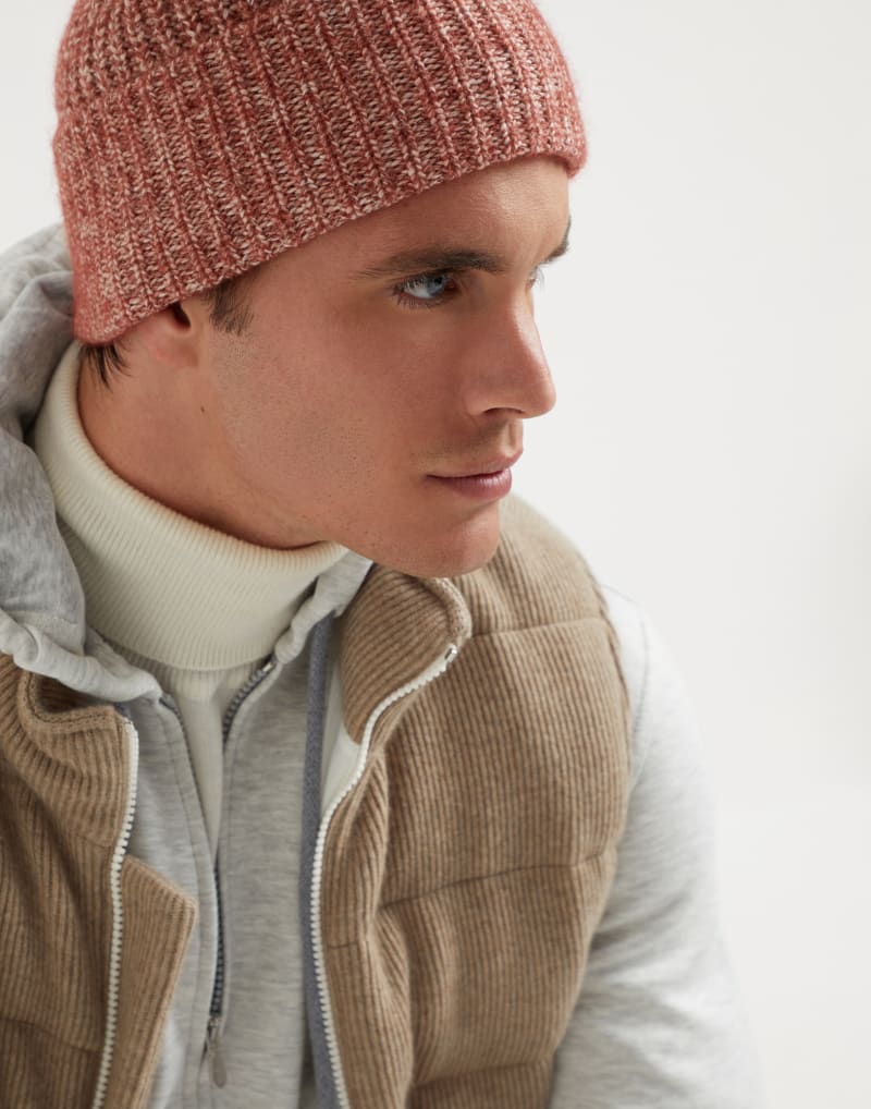 BRUNELLO CUCINELLI MEN'S CORAL WOOL BLEND RIBBED KNIT HAT