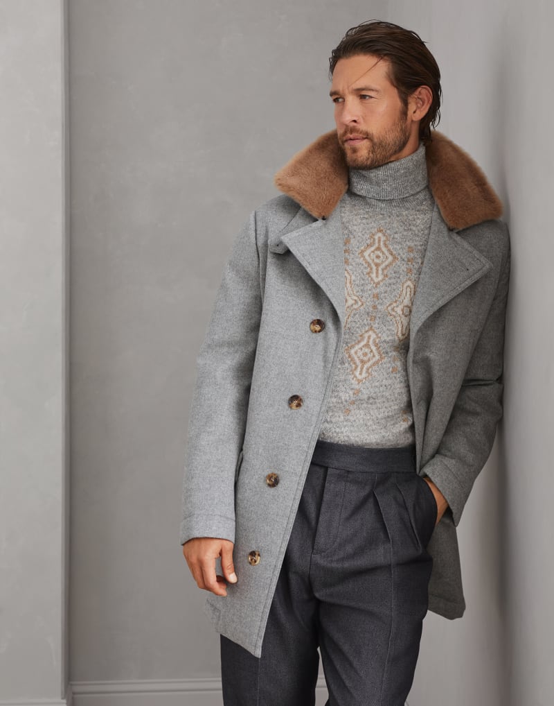 BRUNELLO CUCINELLI MEN'S PEARL GREY WOOL JACKET WITH MINK COLLAR