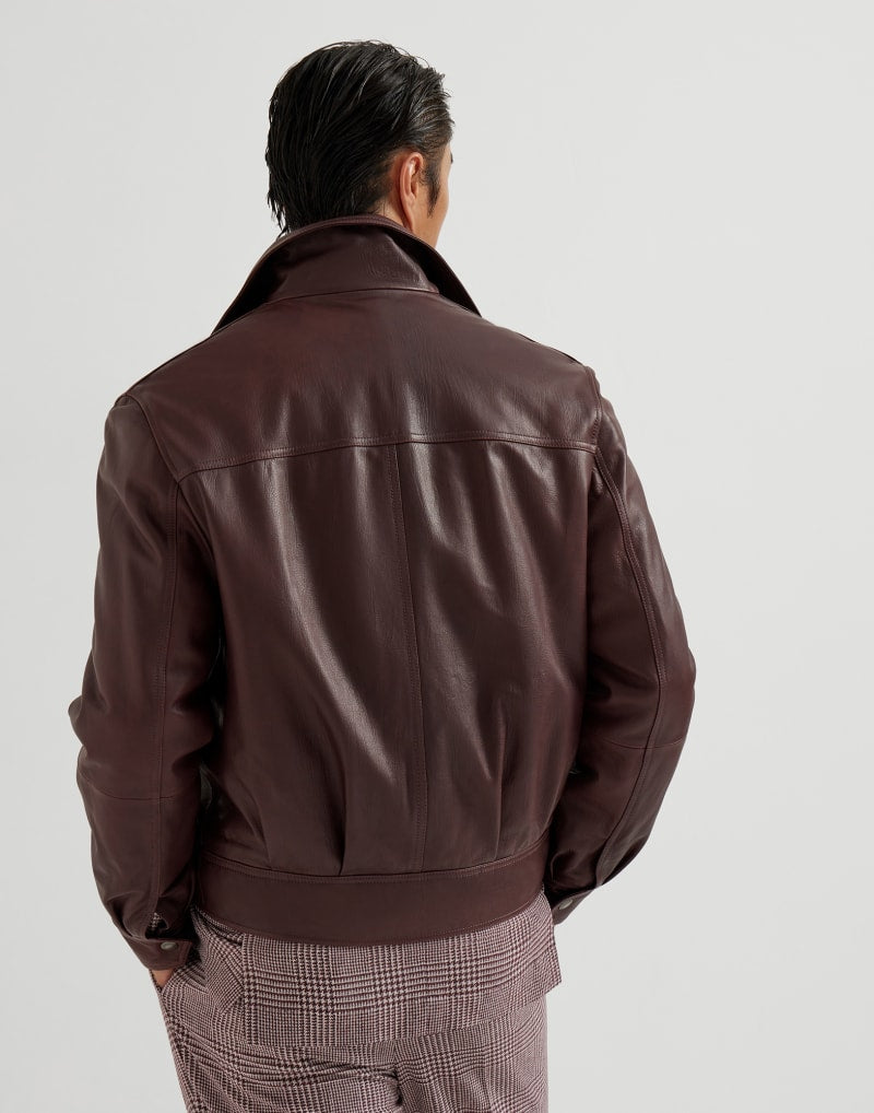 BRUNELLO CUCINELLI MEN'S RADISH LEATHER ZIP FRONT JACKET