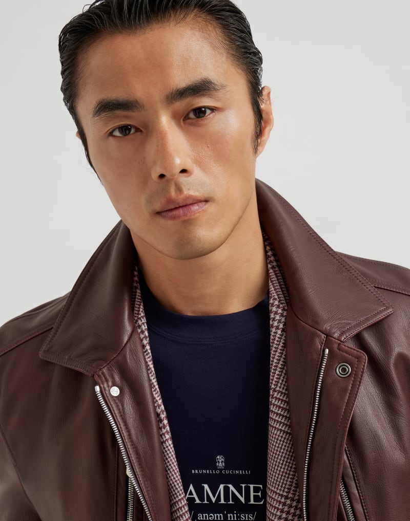 BRUNELLO CUCINELLI MEN'S RADISH LEATHER ZIP FRONT JACKET