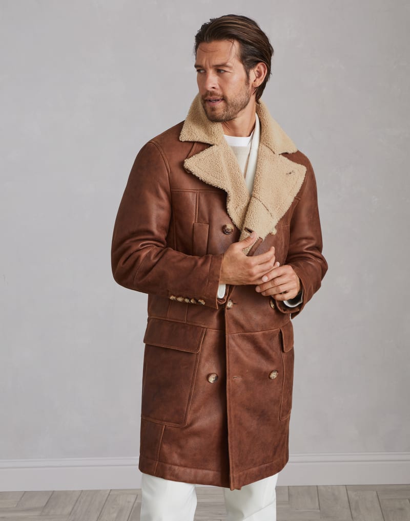 BRUNELLO CUCINELLI MEN'S CHOCOLATE SHEARLING DOUBLE BREASTED JACKET