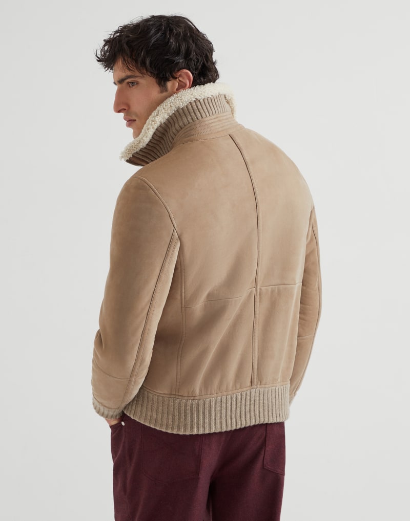 BRUNELLO CUCINELLI MEN'S HAZELNUT SHEARLING COLLAR ZIP JACKET