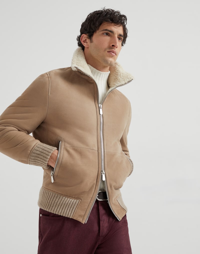 BRUNELLO CUCINELLI MEN'S HAZELNUT SHEARLING COLLAR ZIP JACKET