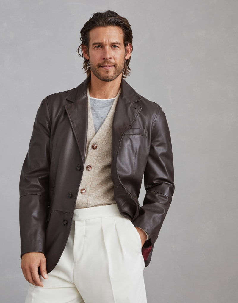 BRUNELLO CUCINELLI MEN'S DARK BROWN LEATHER BLAZER