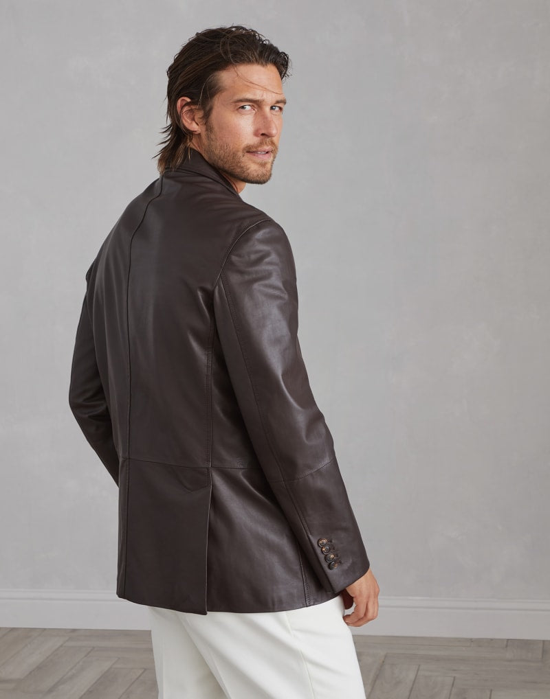 BRUNELLO CUCINELLI MEN'S DARK BROWN LEATHER BLAZER