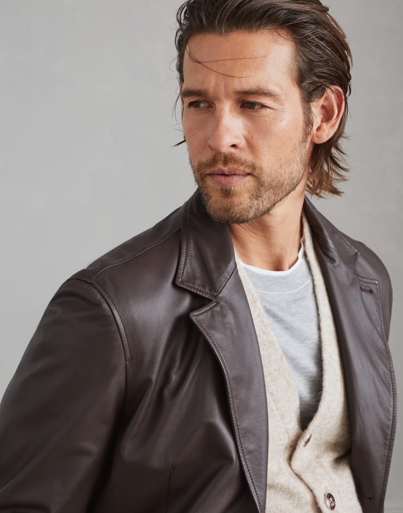 BRUNELLO CUCINELLI MEN'S DARK BROWN LEATHER BLAZER