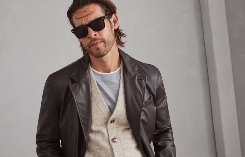 BRUNELLO CUCINELLI MEN'S DARK BROWN LEATHER BLAZER