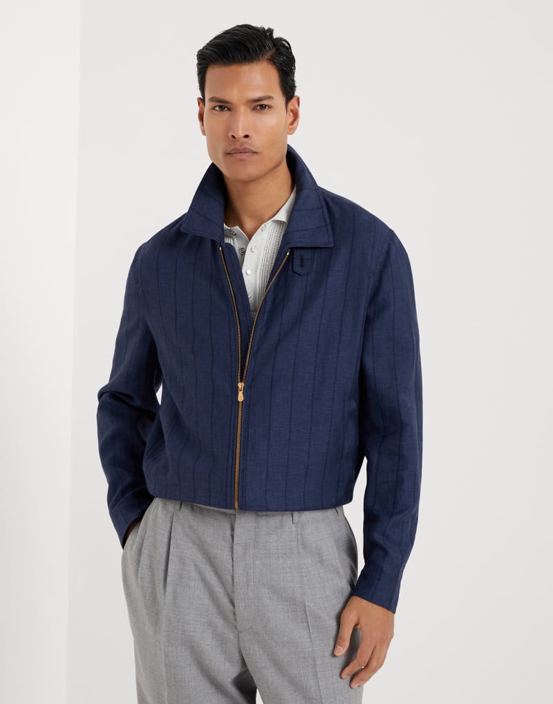 BRUNELLO CUCINELLI MEN'S NAVY WOOL LINEN SILK BLEND ZIP JACKET