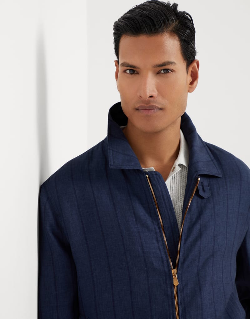 BRUNELLO CUCINELLI MEN'S NAVY WOOL LINEN SILK BLEND ZIP JACKET