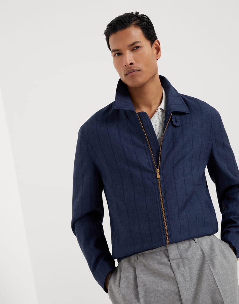 BRUNELLO CUCINELLI MEN'S NAVY WOOL LINEN SILK BLEND ZIP JACKET
