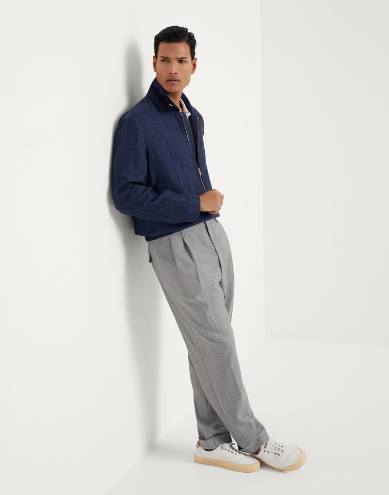 BRUNELLO CUCINELLI MEN'S NAVY WOOL LINEN SILK BLEND ZIP JACKET