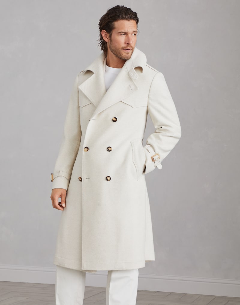 BRUNELLO CUCINELLI MEN'S SAND DOUBLE BREASTED WOOL SILK BLEND COAT