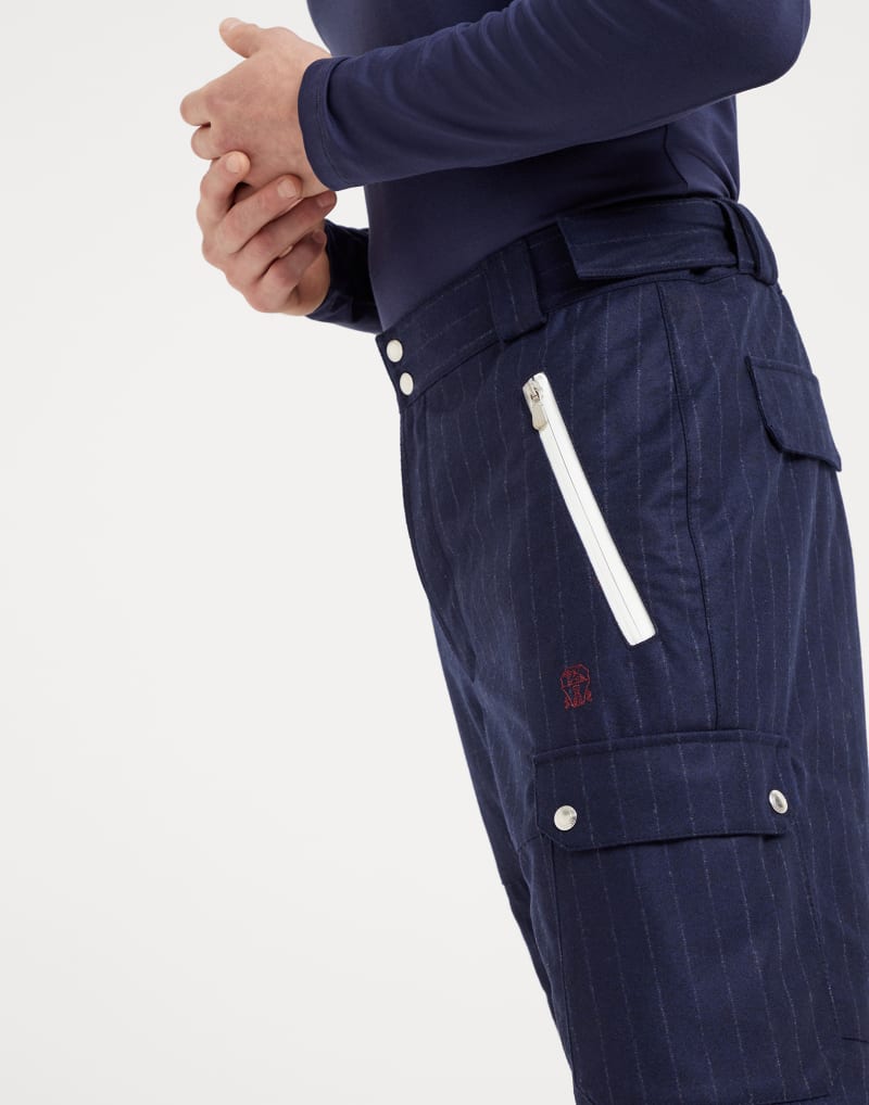 BRUNELLO CUCINELLI MEN'S BLUE PINSTRIPE WOOL CARGO TROUSERS
